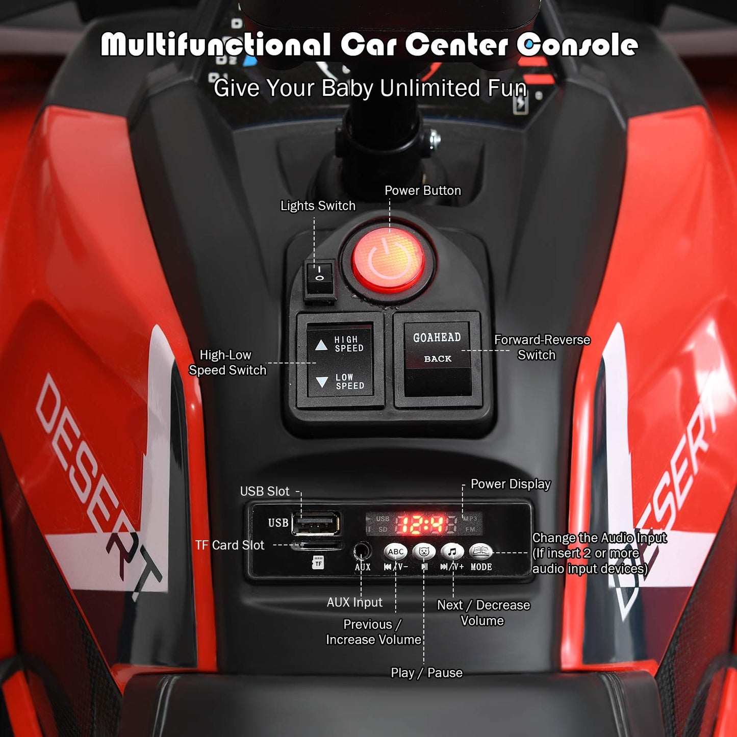 12V Kids Electric Ride on Car Toy with LED Lights, Music and 2 Speeds