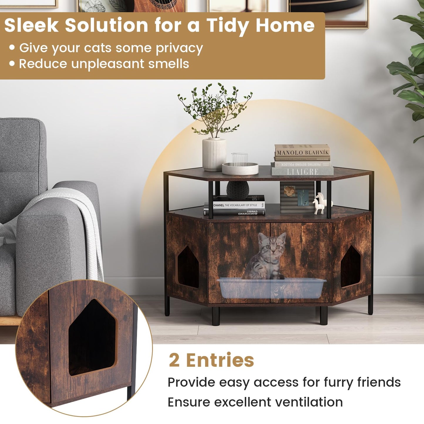 Corner Cat Litter Box Enclosure with Open Shelf