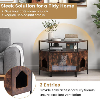 Corner Cat Litter Box Enclosure with Open Shelf