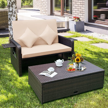 4-Level Adjustable Patio Wicker Loveseat Sofa Bed Sun Lounger with Storage Ottoman