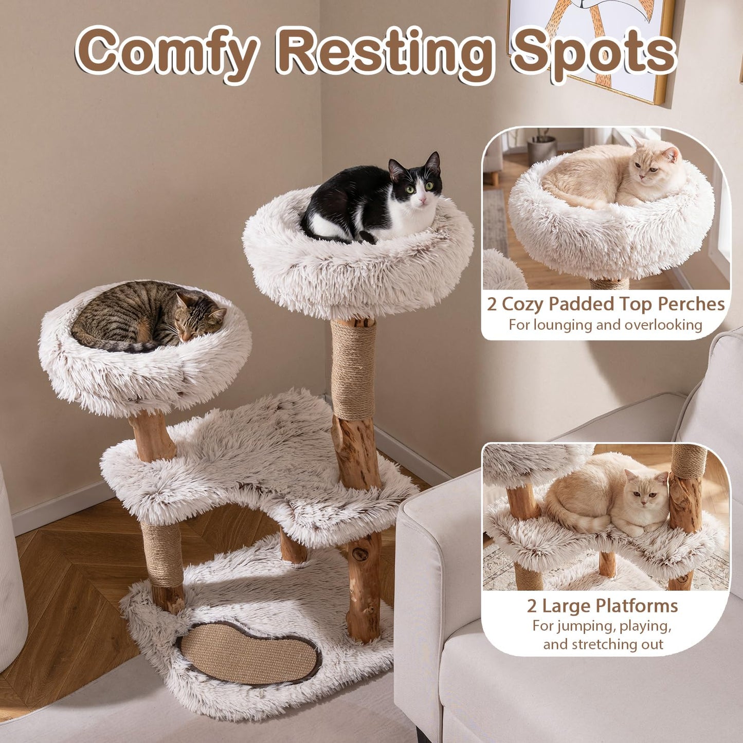 Wooden Cat Tree, Multi-Layer Cats Tower with Jute Scratching Posts
