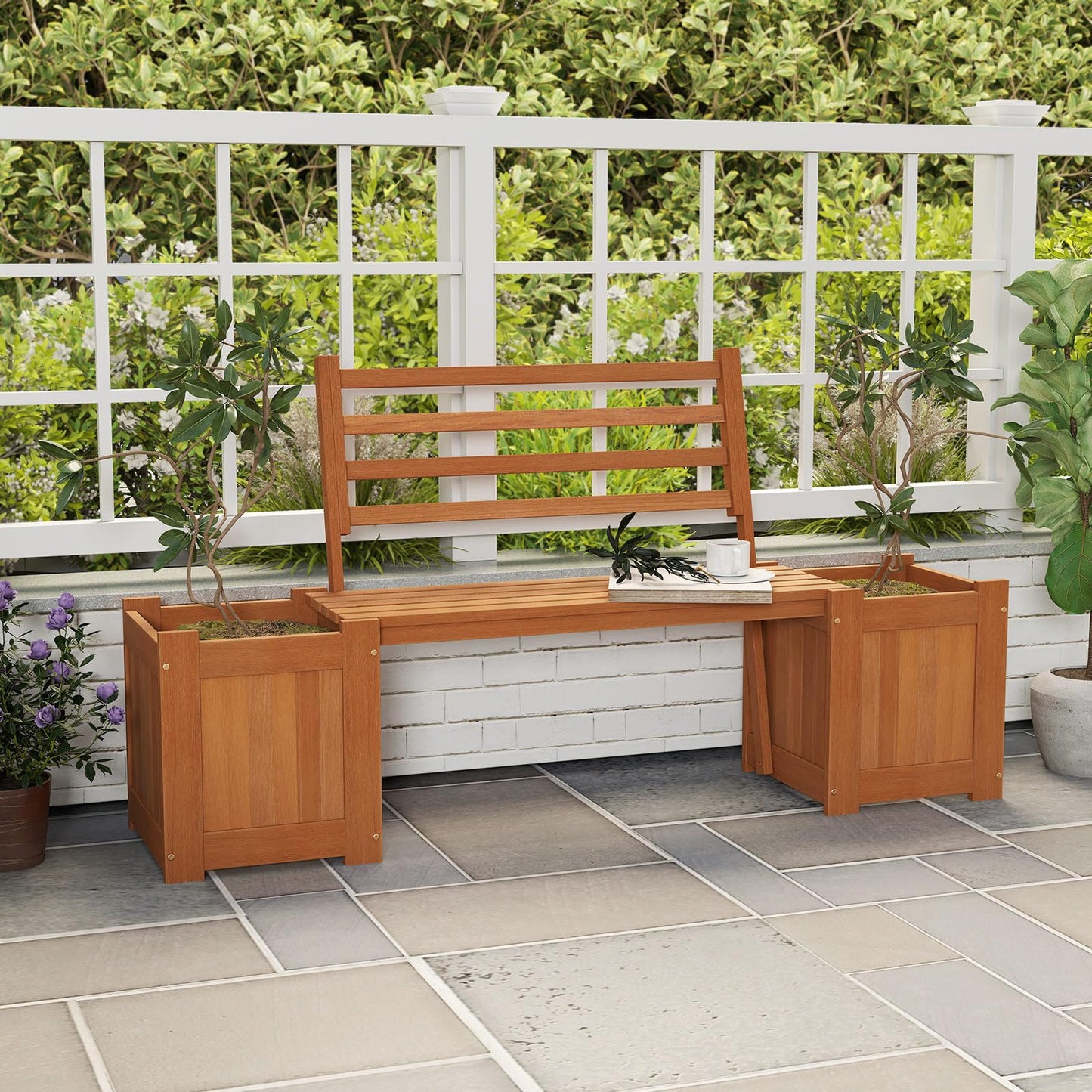 2-in-1 Wooden Planter with Bench, Raised Garden Bed with Open-ended Bottom