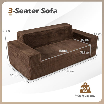 3-Seater Sofa, 197cm Corduroy Boneless Couch, No Assembly Needed