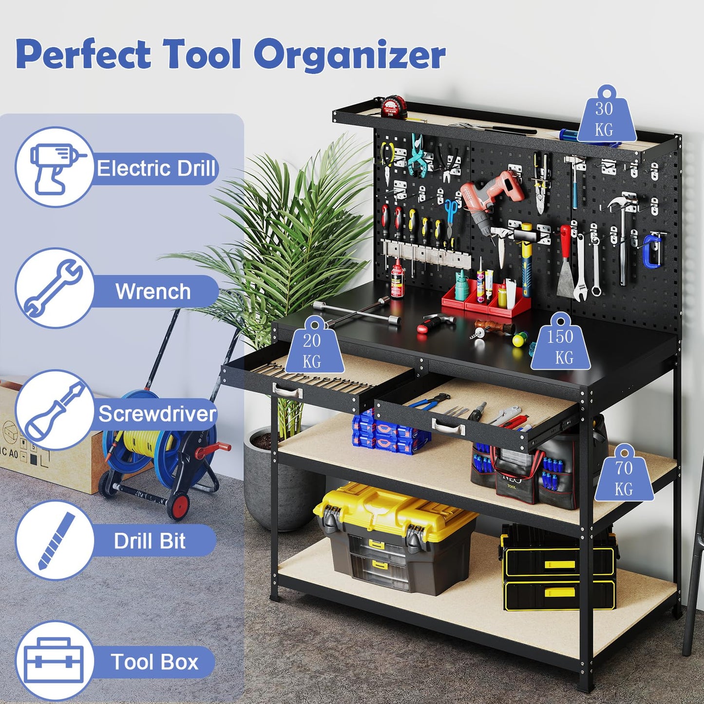 121x61x156cm Metal Workbench with Pegboard with 2 Drawers & 24 Hanging Accessories