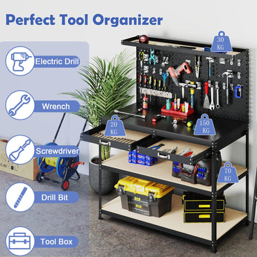 121x61x156cm Metal Workbench with Pegboard with 2 Drawers & 24 Hanging Accessories