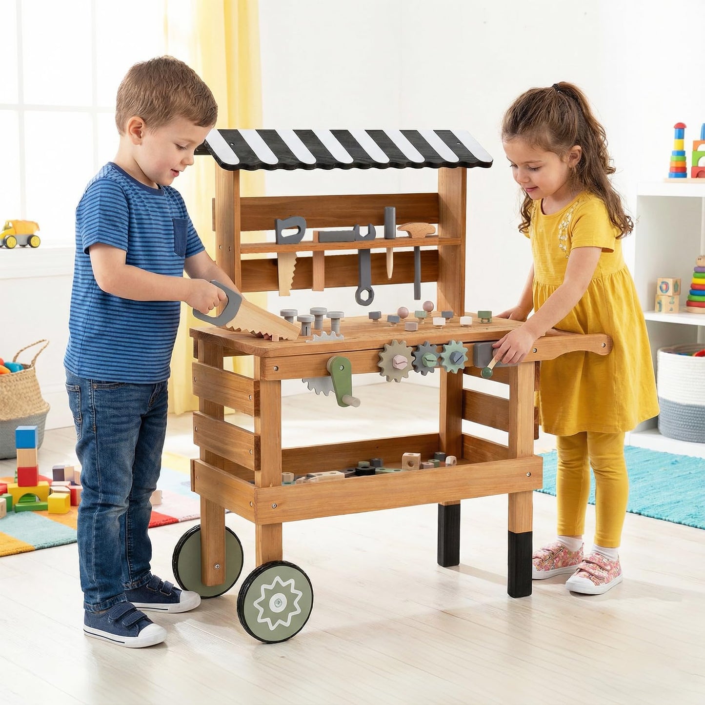 Wooden Kids Tool Bench, 2-in-1 Toddler Workbench Rolling Cart