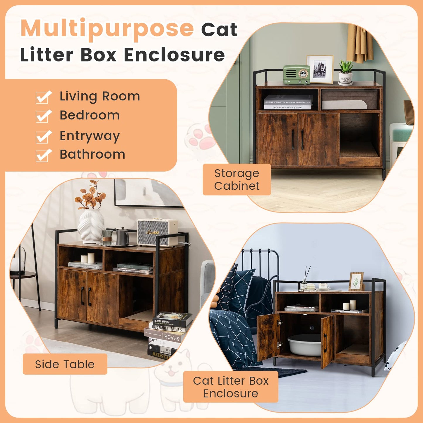 Wooden Cat Litter Box Enclosure with Compartments and Scratching Board