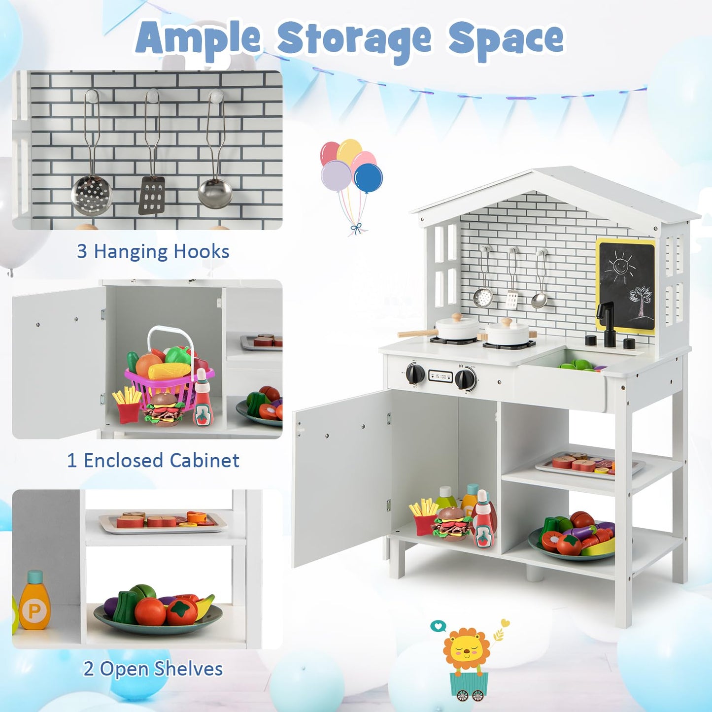 Kids Play Kitchen Pretend Playset with Stoves and Chalkboard
