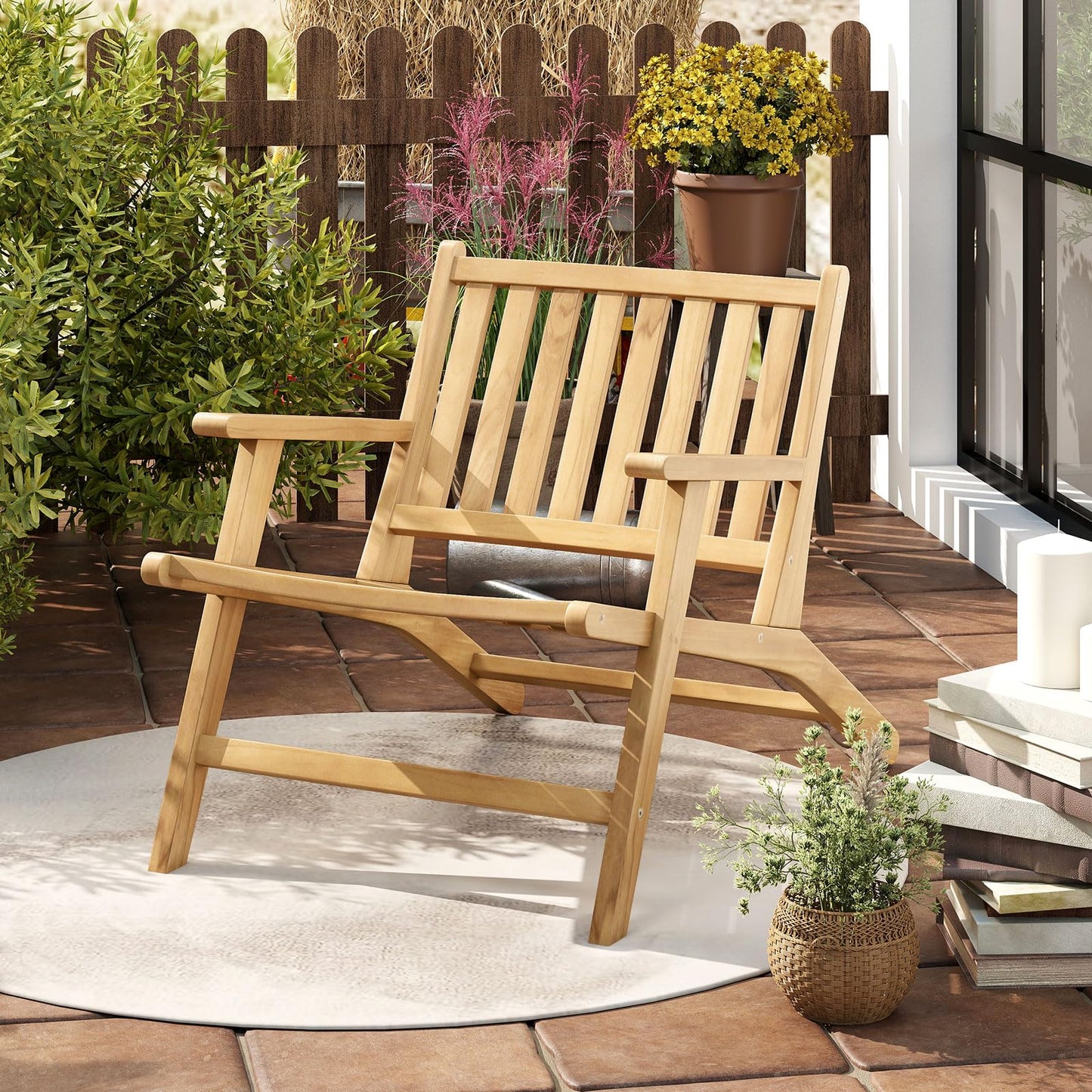 Natural Mid Century Teak Wood Outdoor Chair with Comfortable Backres