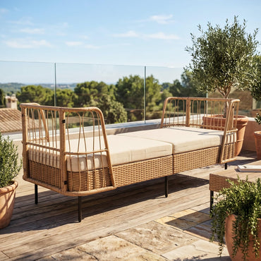 Garden Rattan Daybed, Patio Chaise Lounger Sun Bed with Cushions