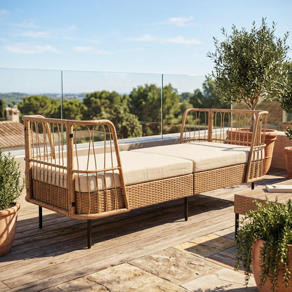 Garden Rattan Daybed, Patio Chaise Lounger Sun Bed with Cushions