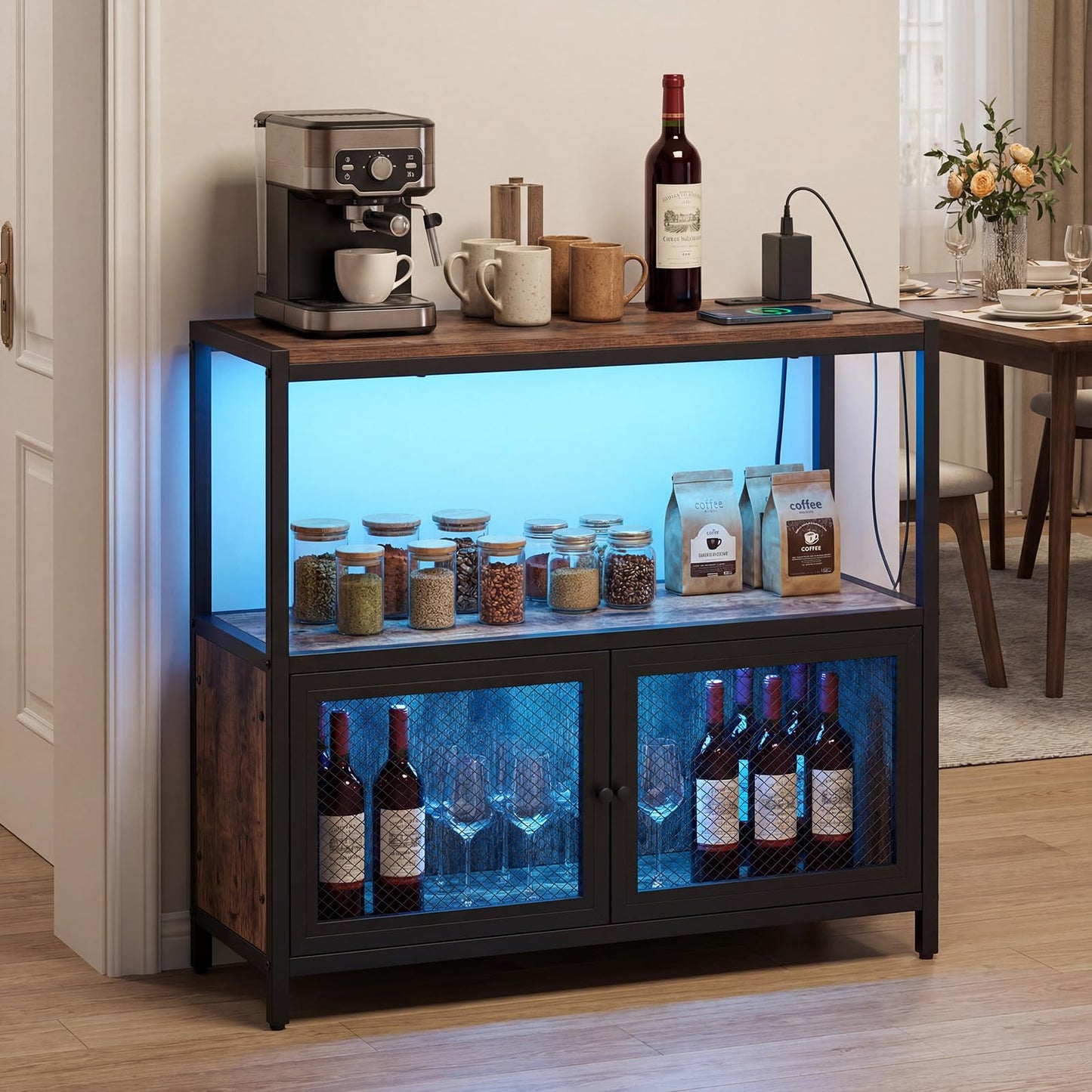 Coffee Bar Cabinet with LED Lights Charging Station & Open Shelf for Kitchen