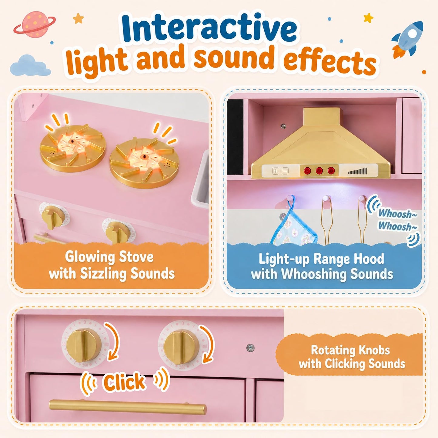 Kids Play Kitchen, Wooden Toy Kitchen with Stoves, Range Hood, Oven