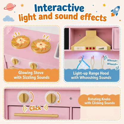 Kids Play Kitchen, Wooden Toy Kitchen with Stoves, Range Hood, Oven