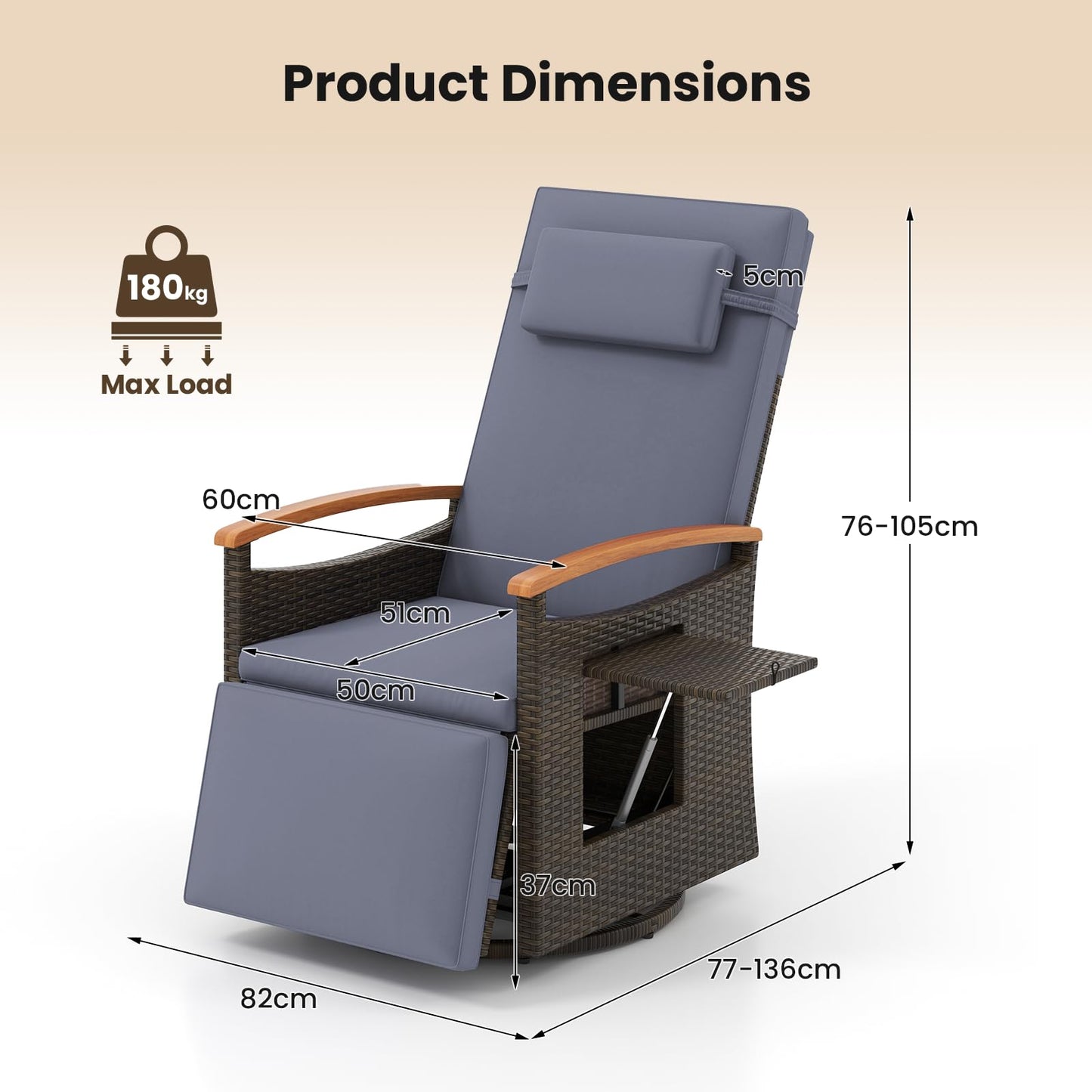 Outdoor 360° Swivel Rattan Recliner Chair with Adjustable Backrest and Footrest