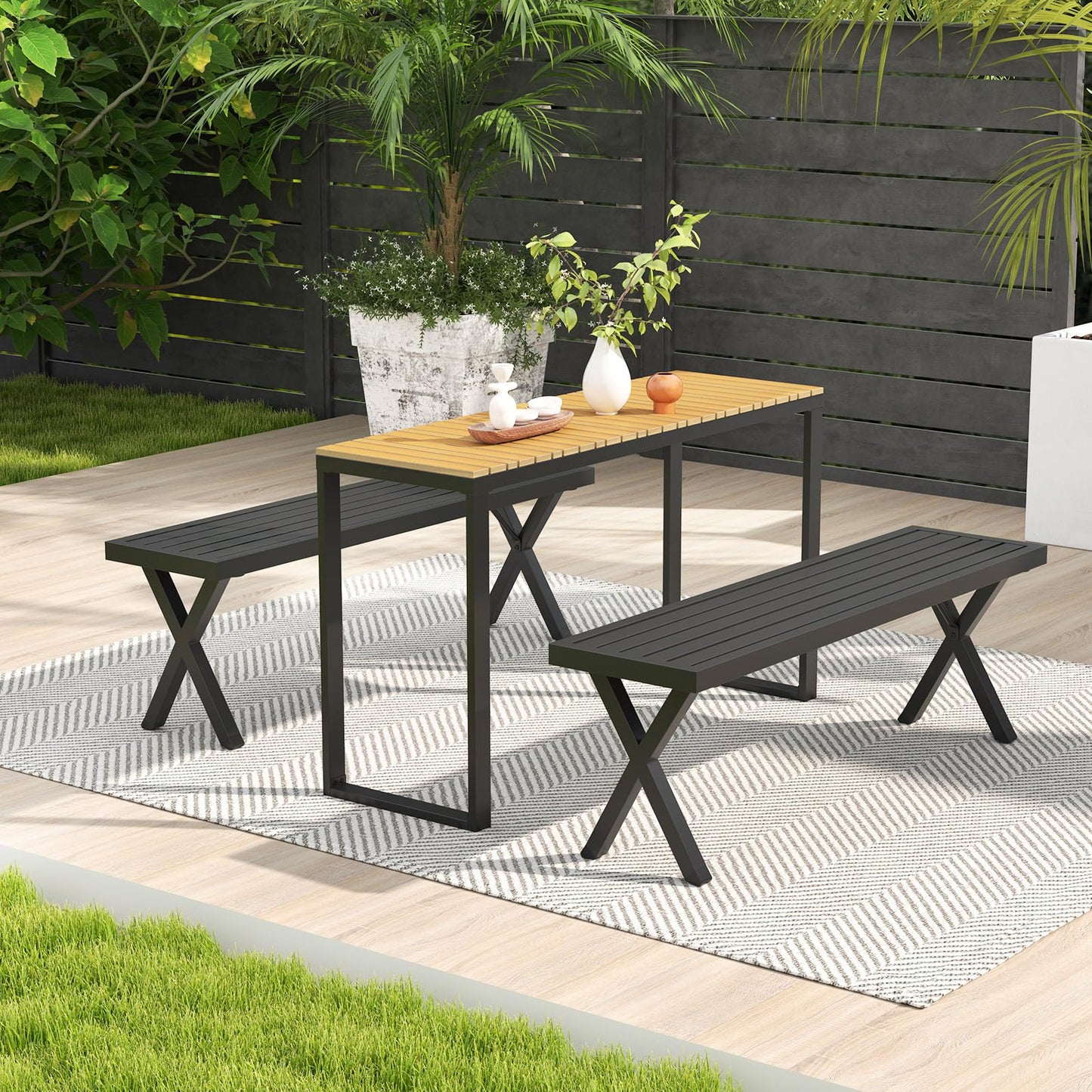 138cm Extra Long Metal Patio Loveseat with Slatted Seat & X Legs