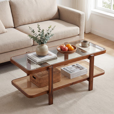 Coffee Table, 2-Tier Tempered Glass Tea Table with Acacia Wood Frame