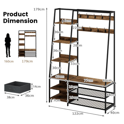 6-in-1 Freestanding Garment Coat Rack with 9 Hooks and 6 Storage Shelves
