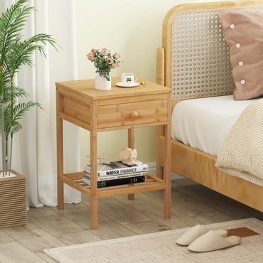 Bamboo Nightstand Sofa Side End Table with Drawer and Open Storage Shelf