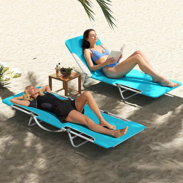 2 Pieces Outdoor Folding Chaise Lounge Portable Sun Tanning Chair Camping Cot