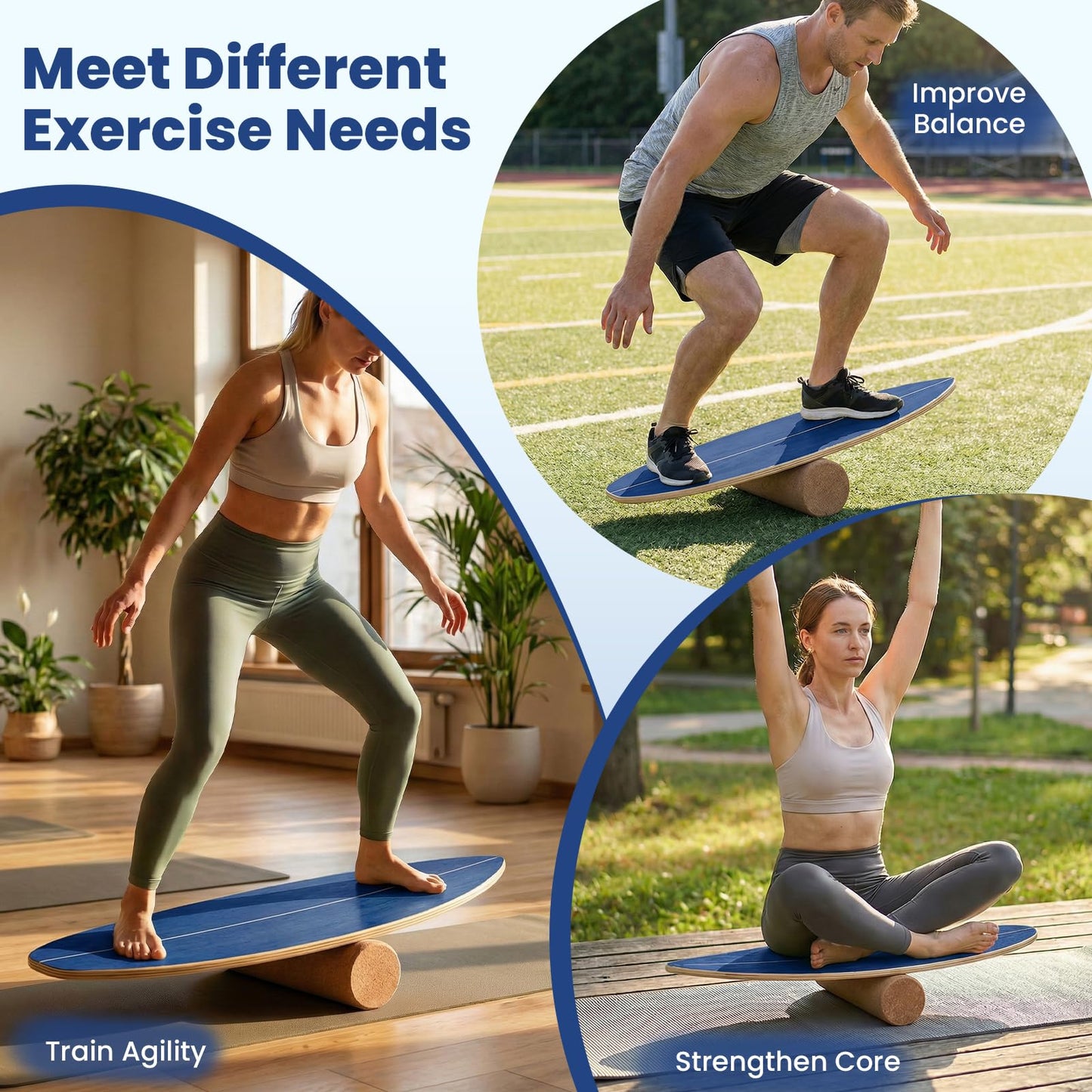 Balance Board Trainer for Adults Wooden Balancing Board with Cork Roller and Storage Rack to Exercise