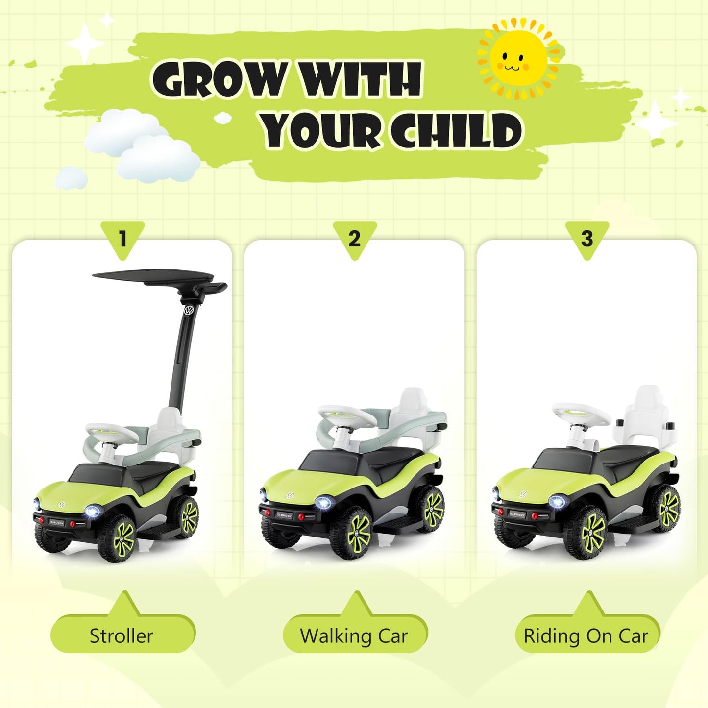 3 in 1 Kids Ride on Push Car with Handle and Canopy