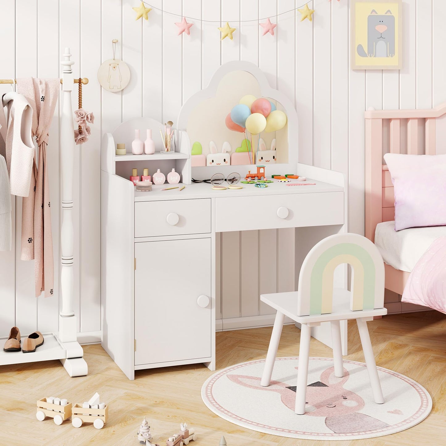 Kids Vanity Table and Chair Set with Cloud-shaped Mirror and Shelf Drawers