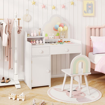 Kids Vanity Table and Chair Set with Cloud-shaped Mirror and Shelf Drawers