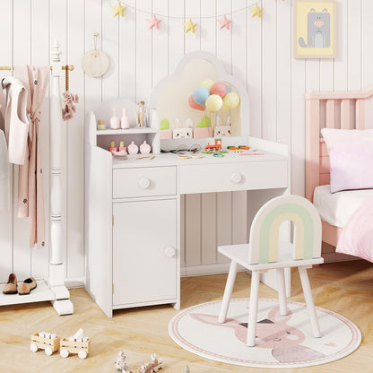 Kids Vanity Table and Chair Set with Cloud-shaped Mirror and Shelf Drawers