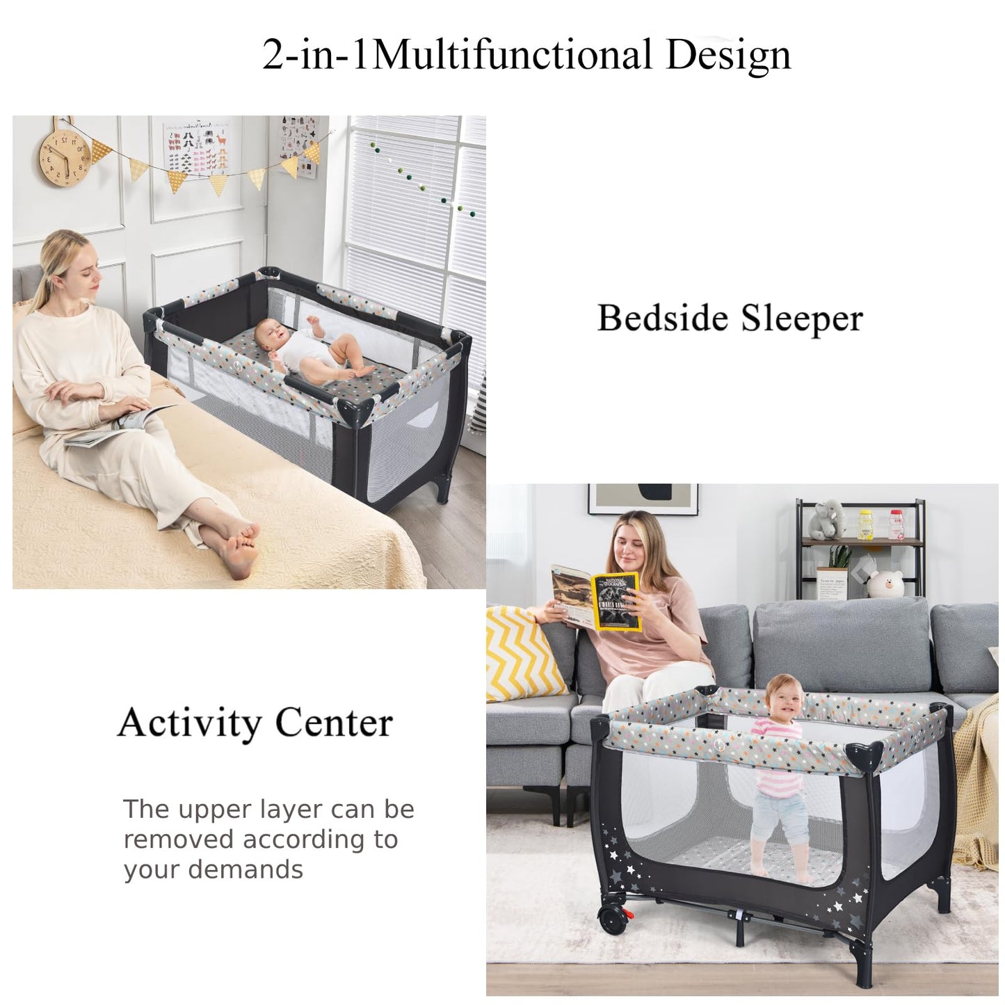 2-in-1 Foldable Baby Playpen with Lockable Wheels and Mattress