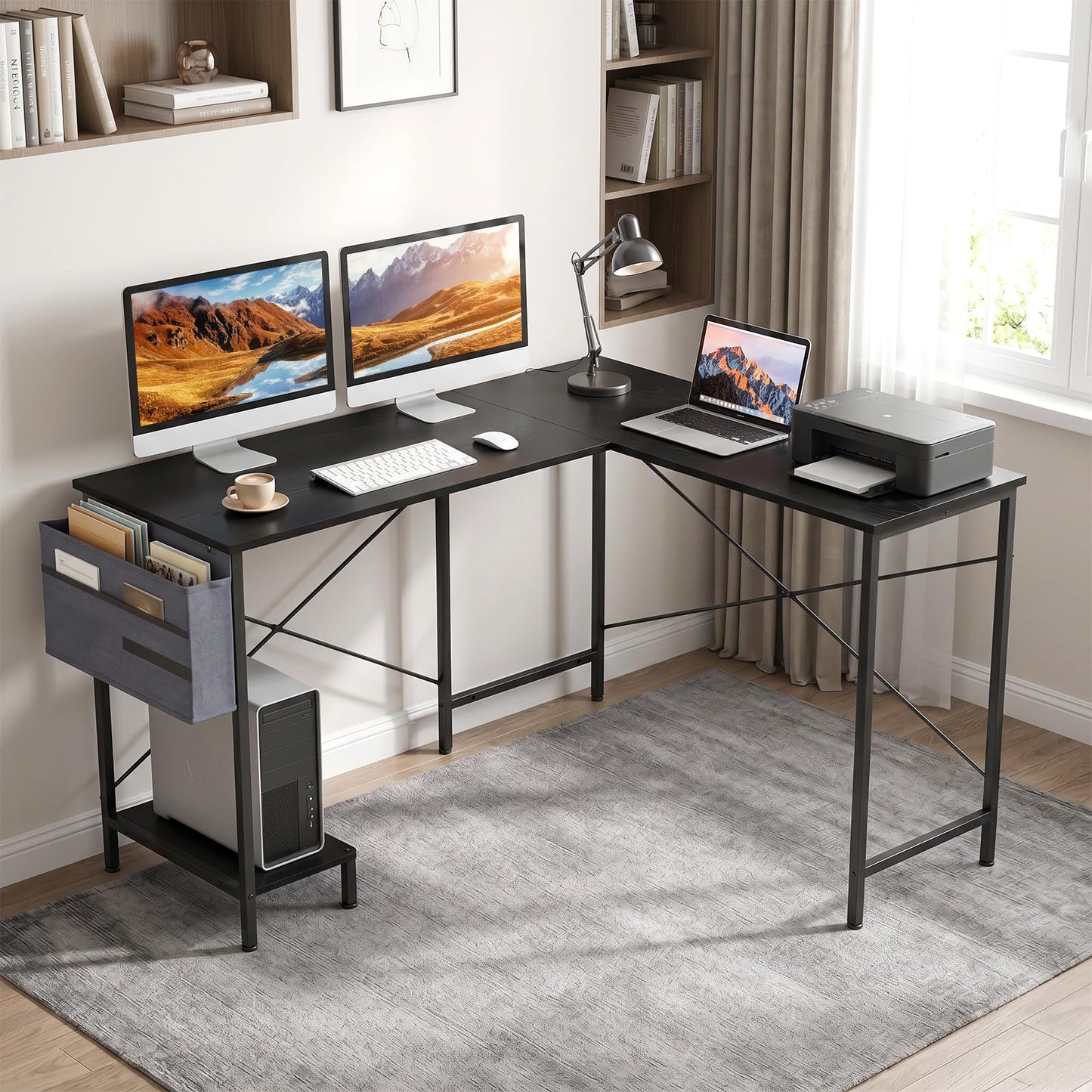 L-Shaped Computer Desk, Metal Frame Reversible Double Study Writing Workstation