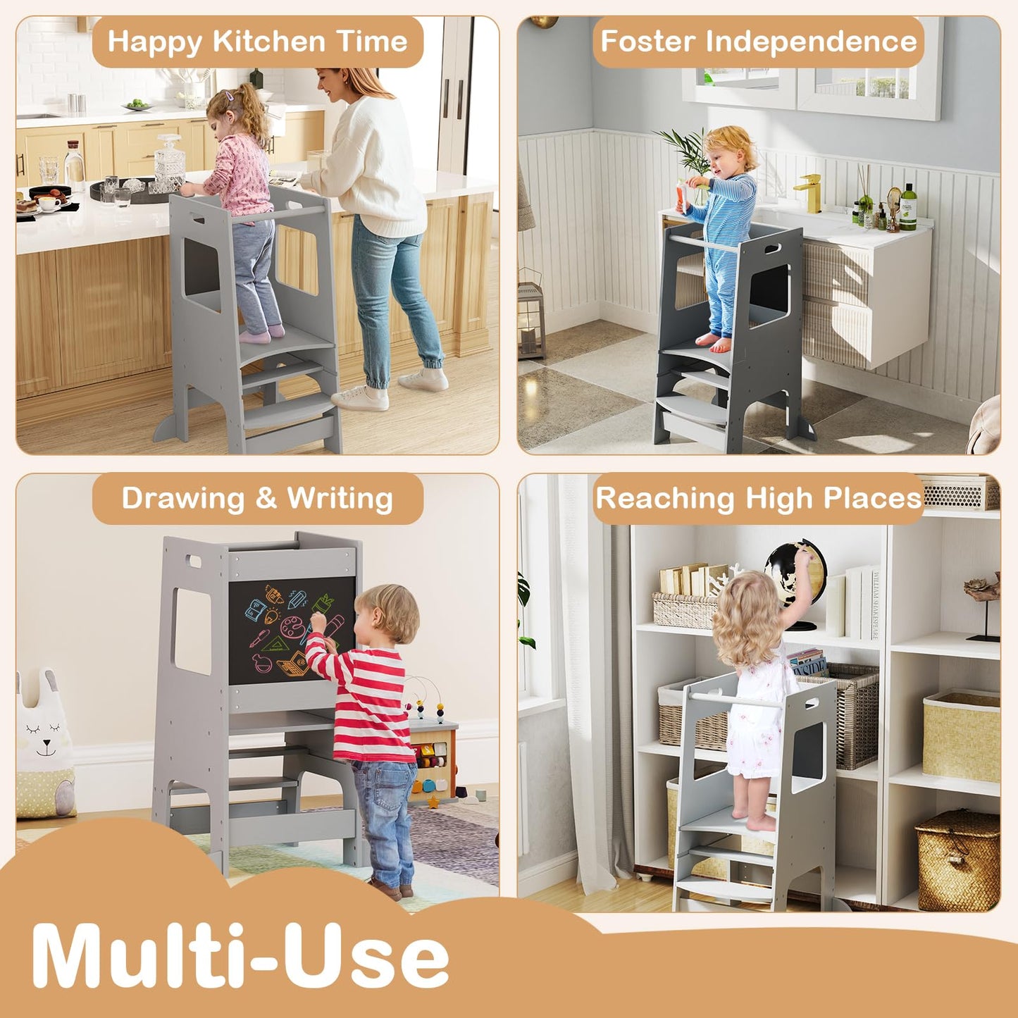 Height Adjustable Learning Tower with Safety Rail