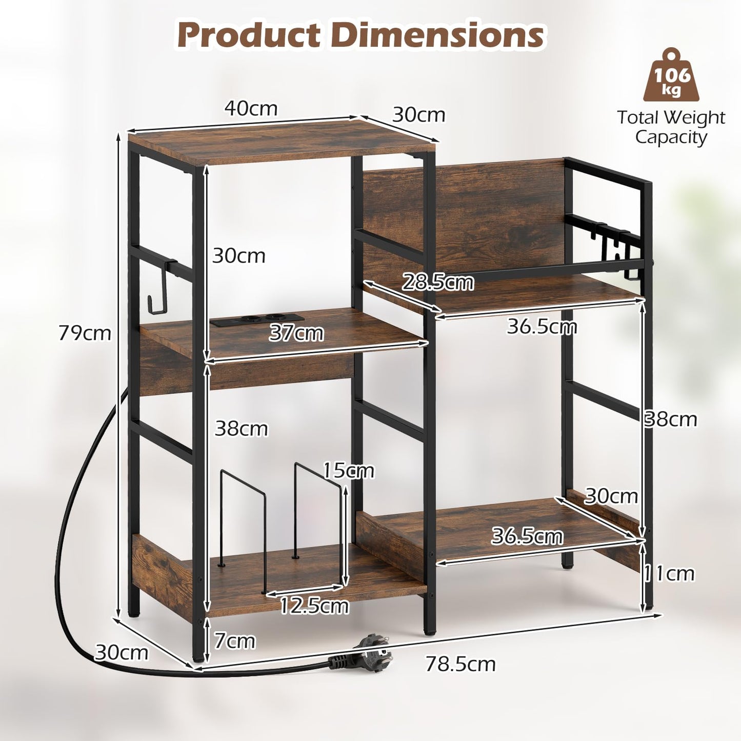 Turntable Stand with Record Rack Hanging Hooks and Compartments for Bedroom