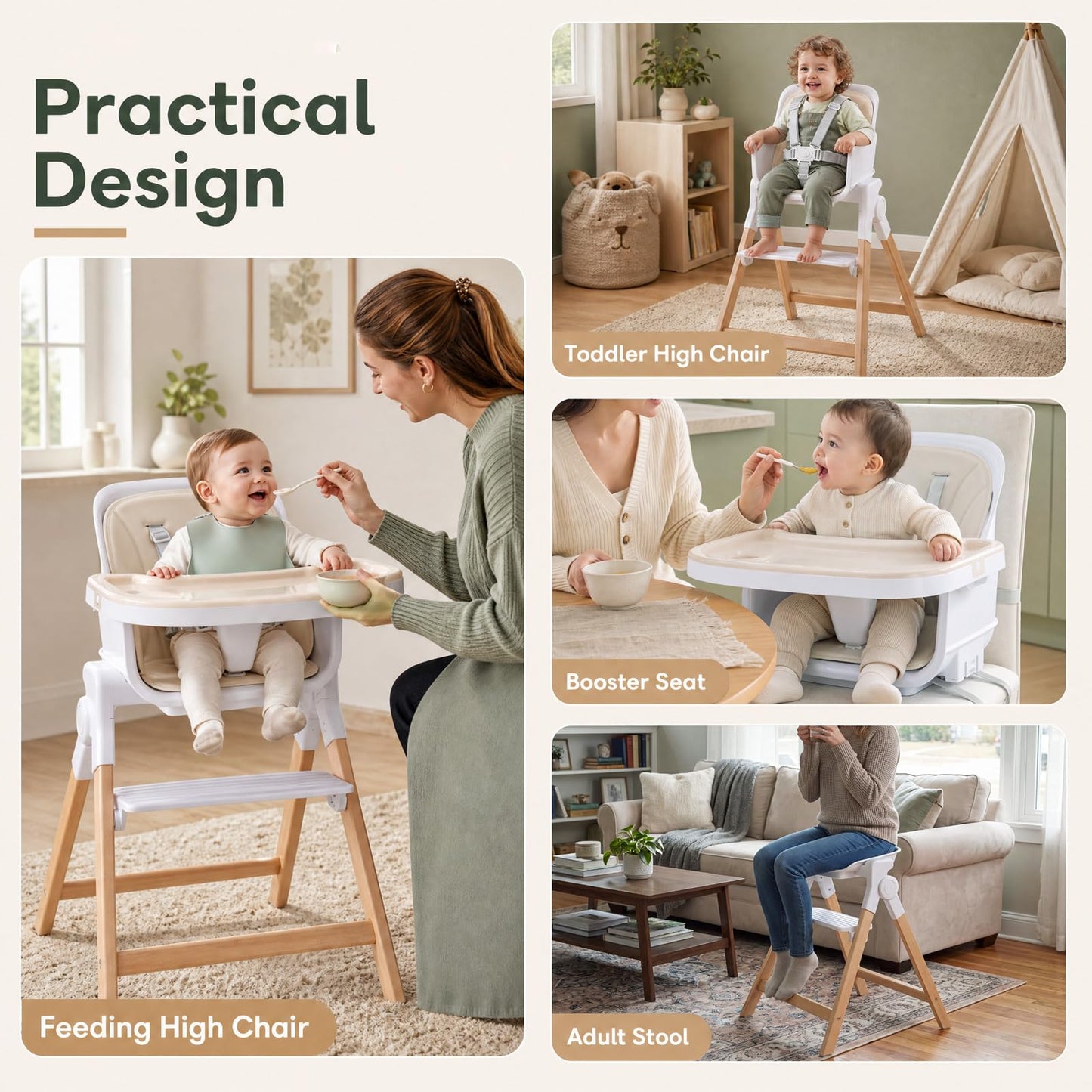 4-in-1 Convertible Baby High Chair with Detachable and Adjustable Tray