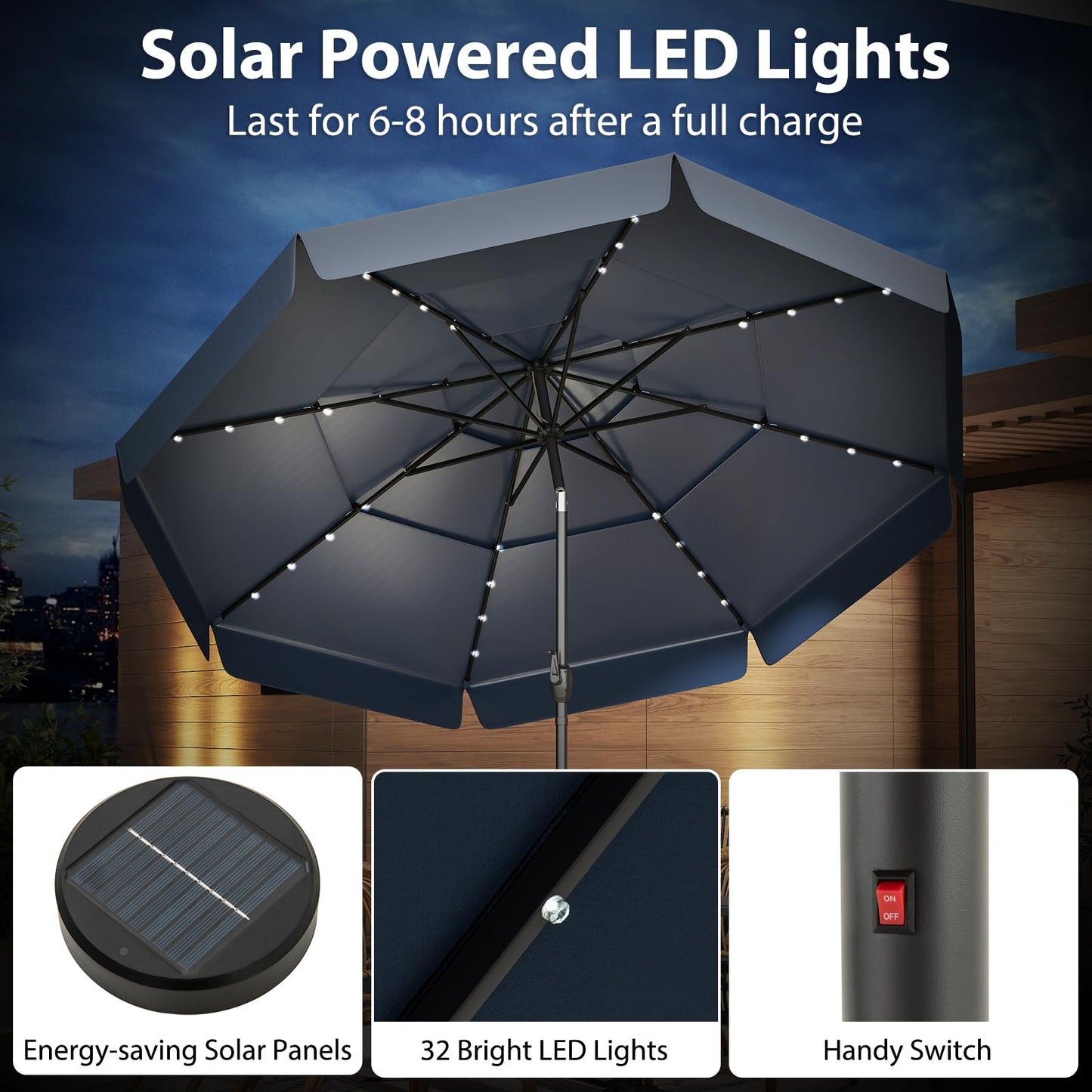 295 cm Solar Patio Umbrella with 32 LED Lights and 3-Tier Vented Top