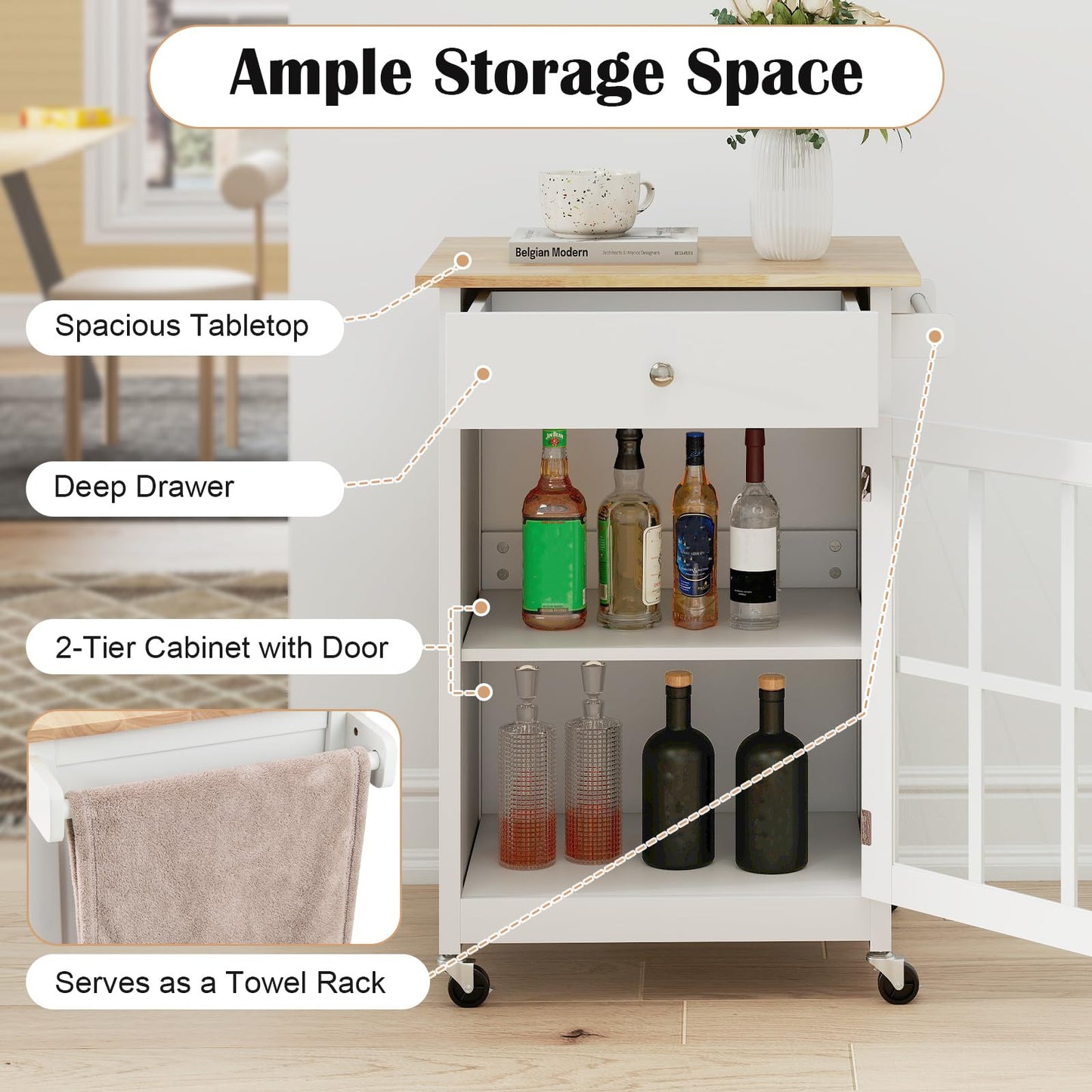 65 CM Kitchen Island Cart Rolling Kitchen Cabinet with Rubber Wood Tabletop