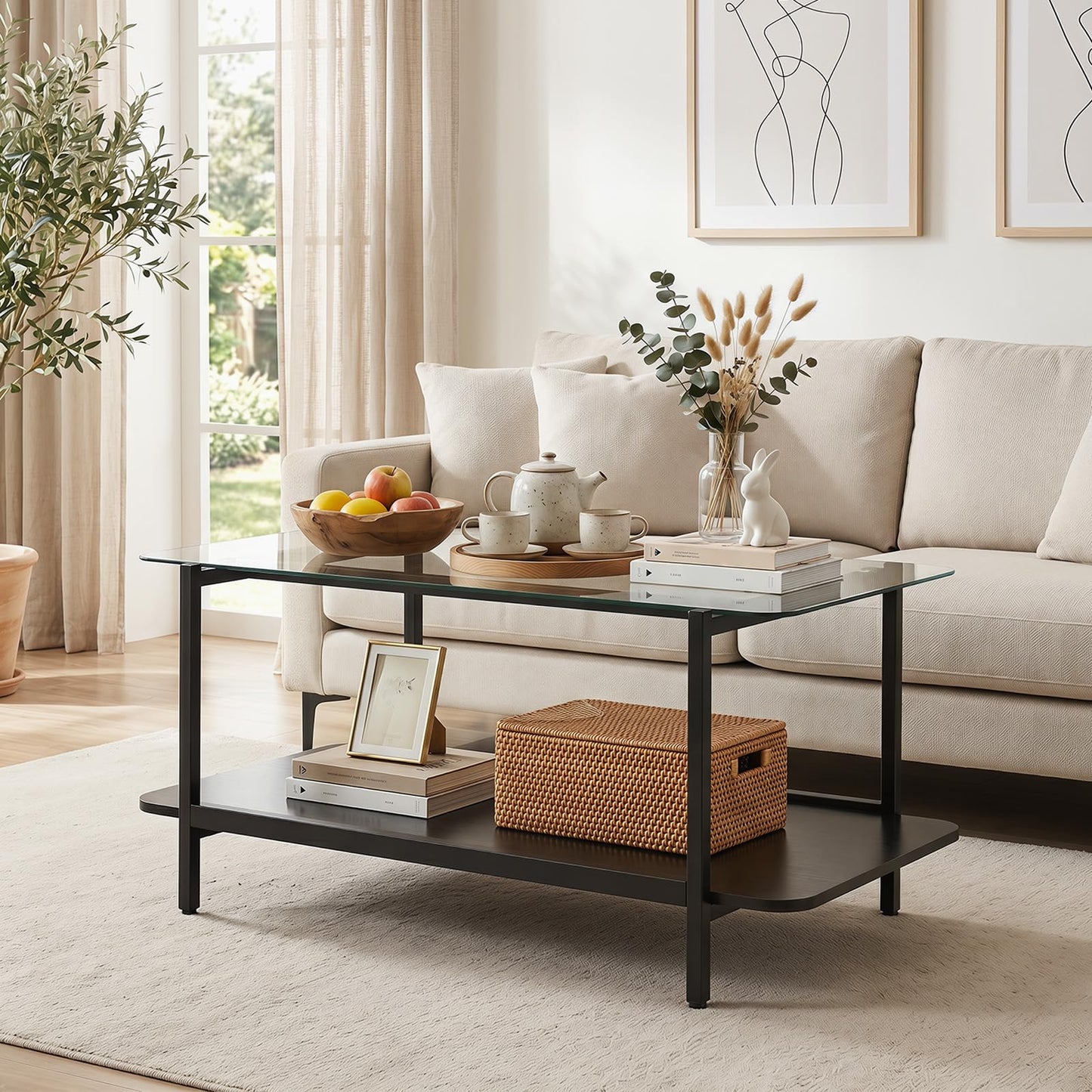 2-Tier Coffee Table, Tempered Glass Center Table with Storage Shelf