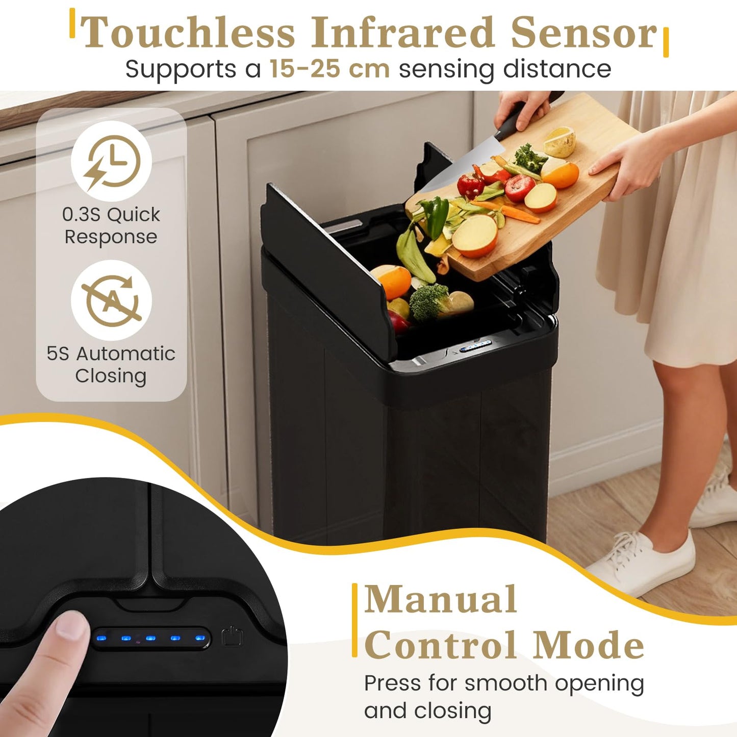 60L Automatic Kitchen Bin, Touchless Infrared Motion Sensor Waste Bin with Soft Closure Lid