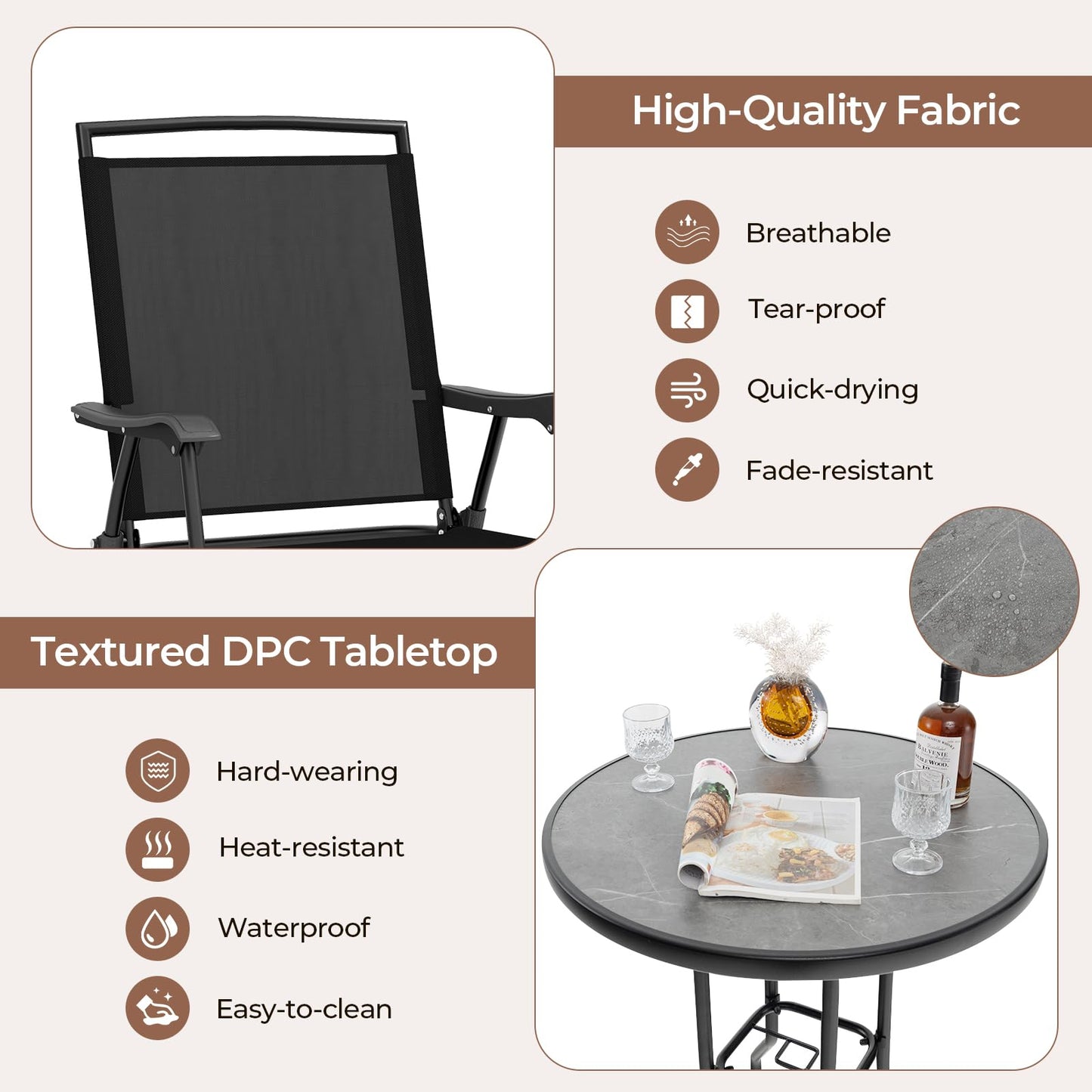 1 DPC Top Bar Table and Umbrella Hole with 2 Folding Chairs