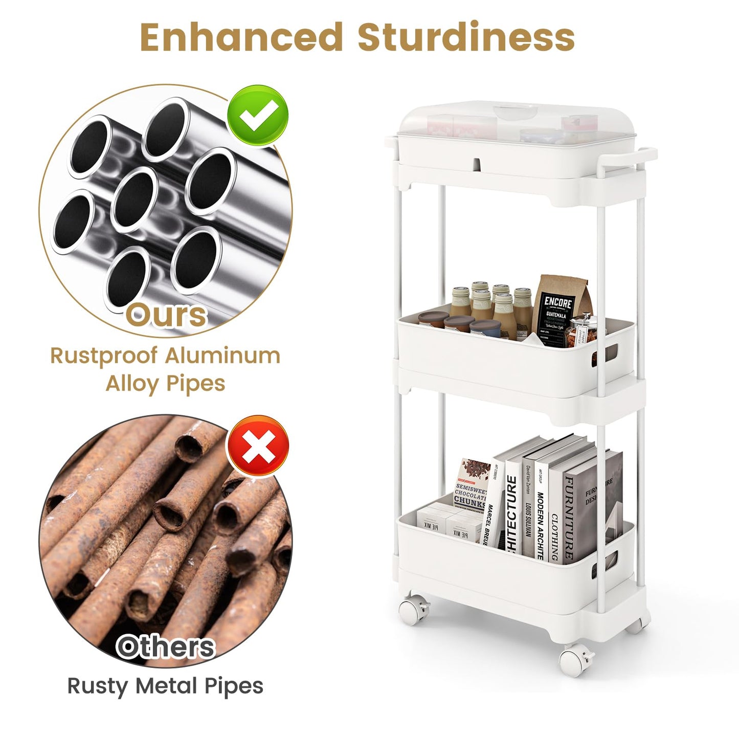 3-Tier Rolling Utility Cart Storage Trolley with Removable Cover and Shelves