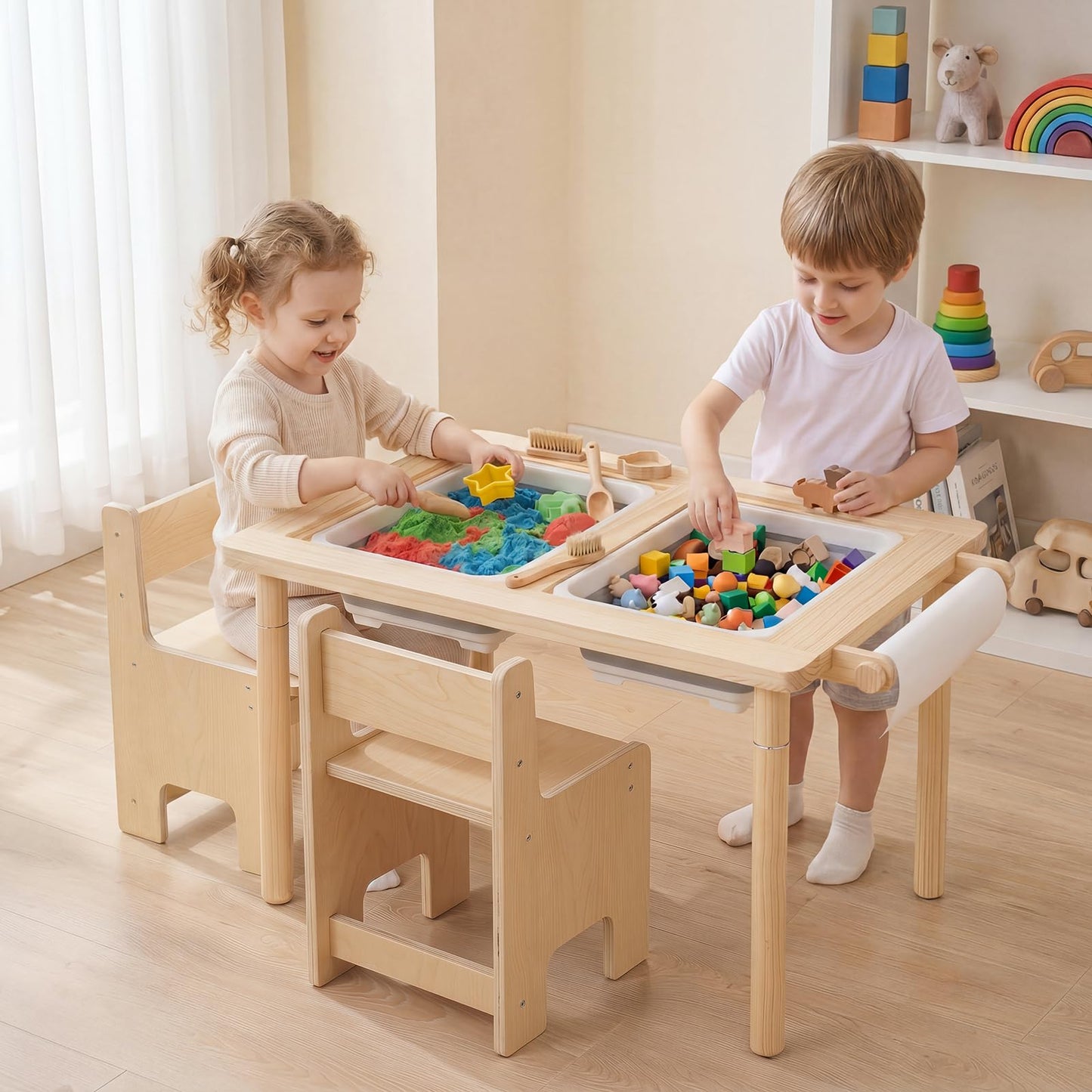 Sensory Table Set 3-Piece Kids Activity Table and Chair Set with Adjustable Height