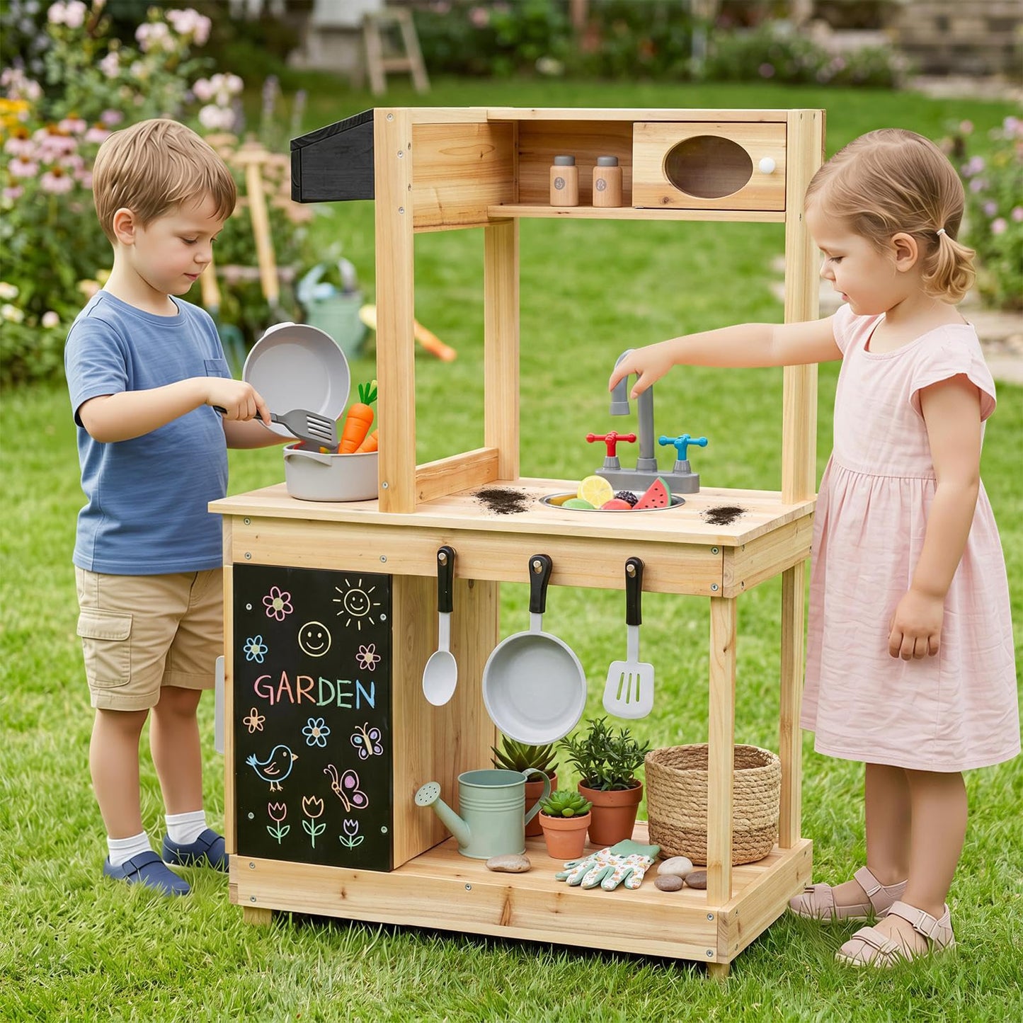 Kids Mud Kitchen with Stoves, Sink, Faucet, Cooking Accessories