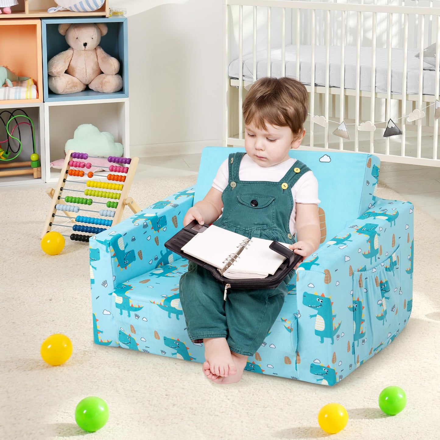 2-in-1 Toddler Sofa Fold-Out Couch Convertible with Side Pockets