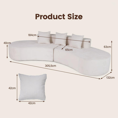 306cm Curved Sofa Couch, 5-Seater Sectional Boneless Sofa Bed with 3 Comfy Pillows