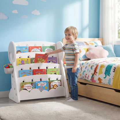 4-Tier Kids Bookshelf with Side Storage Boxes and Reversible Bottom Shelf