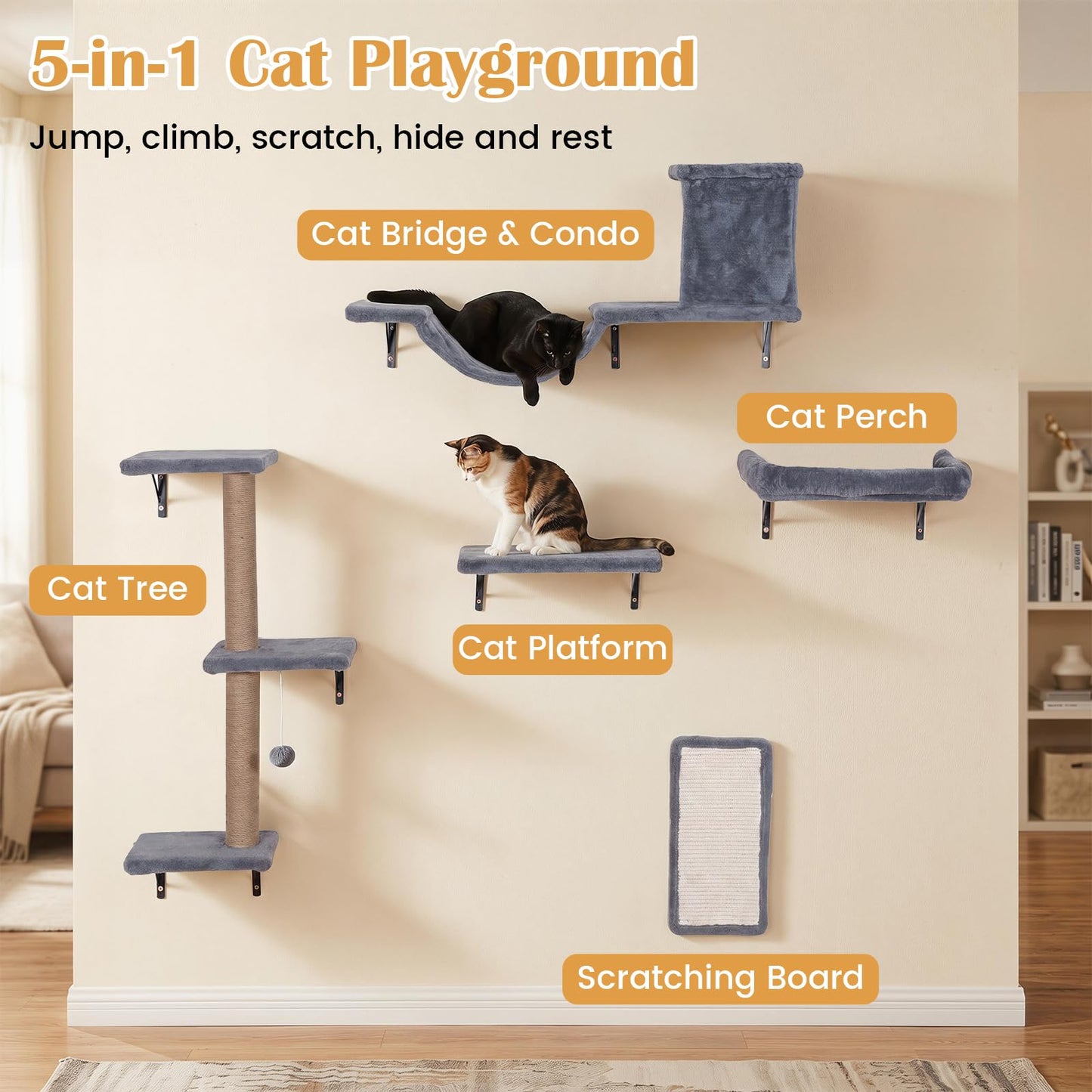 Wall Mounted Cat Tree, 5-in-1 Cat Climbing Wall Set
