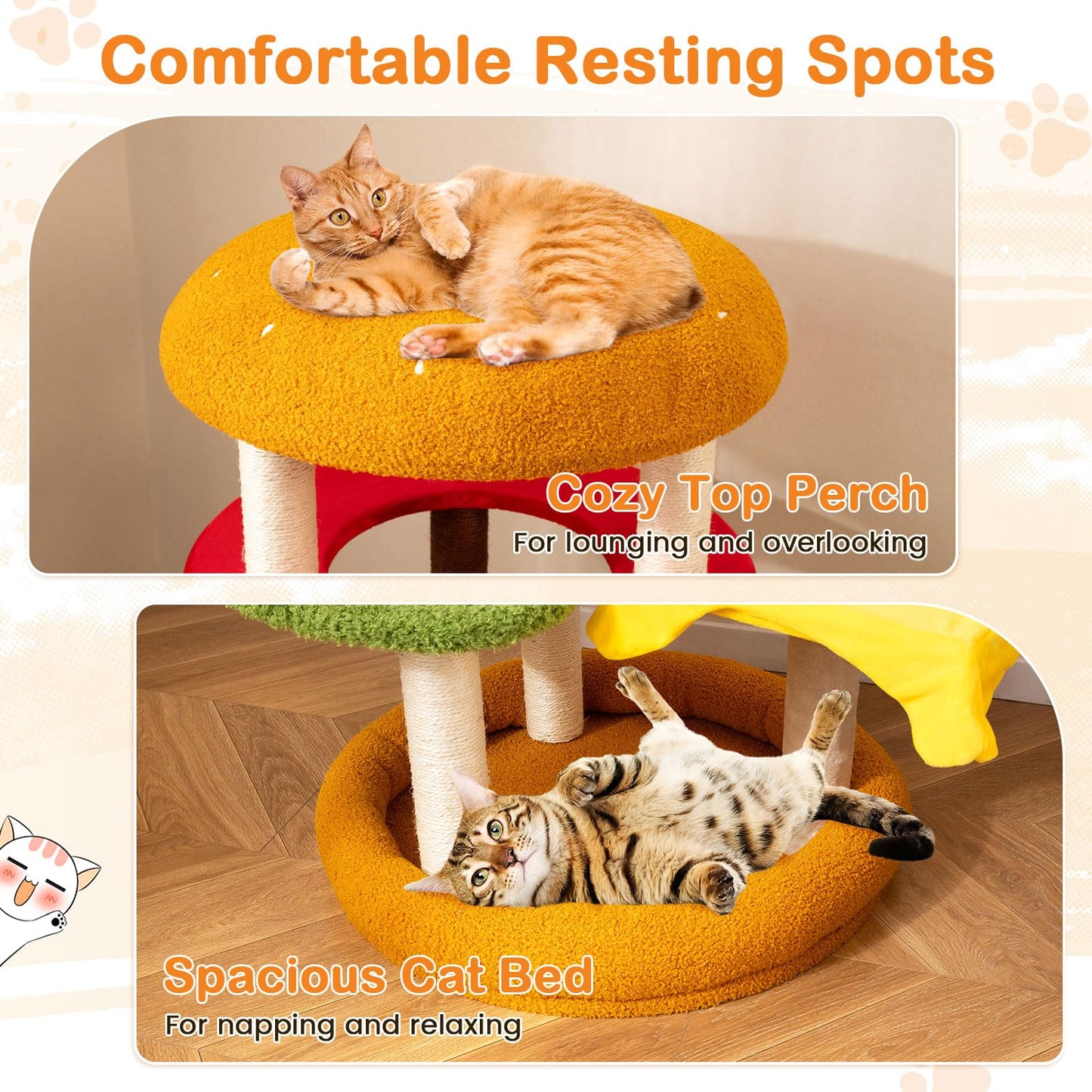 Cat Tree, 106cm Tall Hamburger-Theme Cats Tower | Indoor Multi-Level Kitten Climbing Stand Activity Center