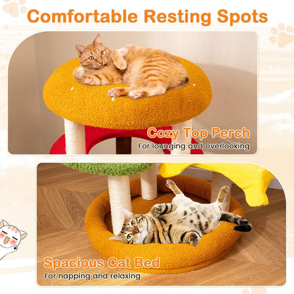 Cat Tree, 106cm Tall Hamburger-Theme Cats Tower | Indoor Multi-Level Kitten Climbing Stand Activity Center