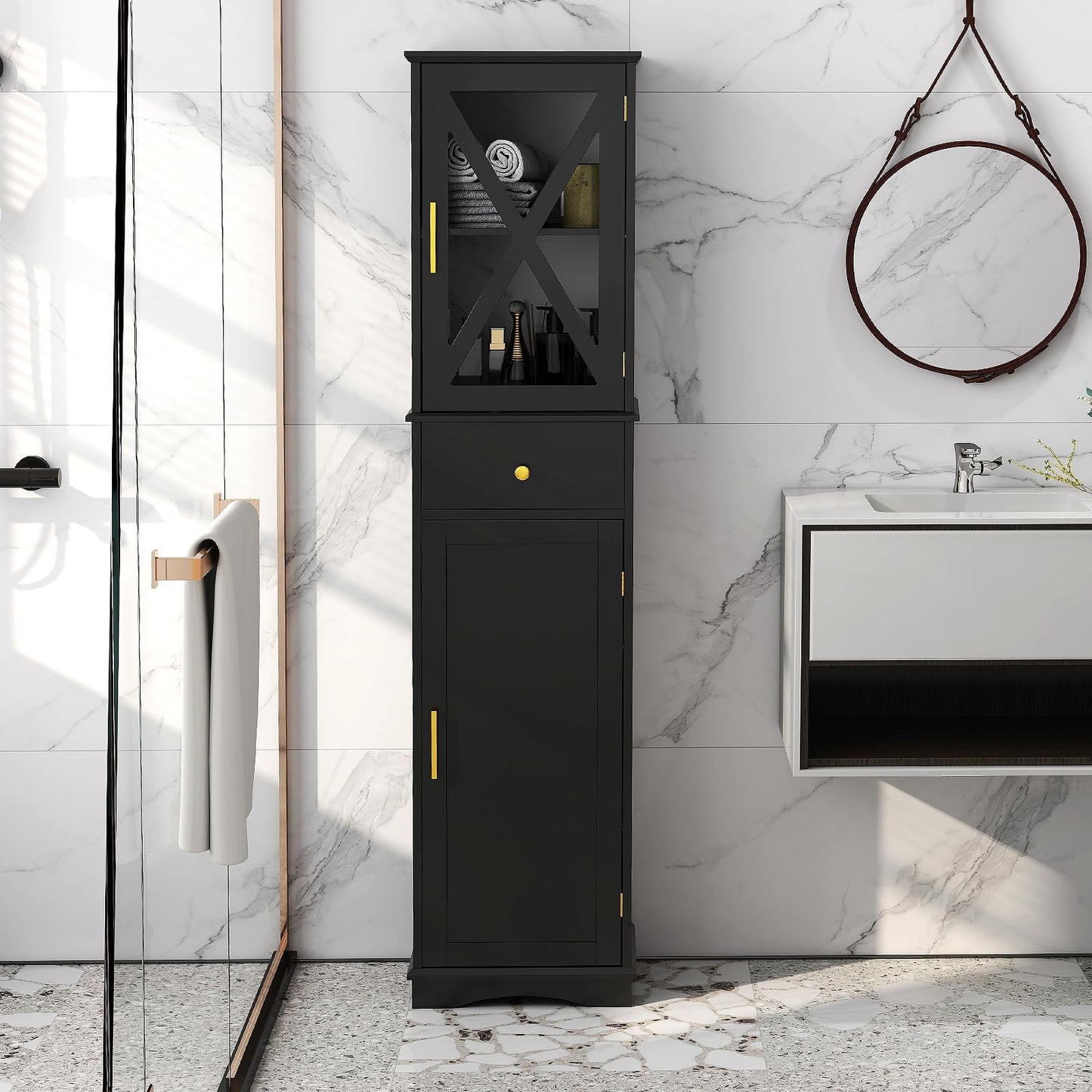 Wooden Freestanding Bathroom Tall Cabinet with 2 Doors & Adjustable Shelves