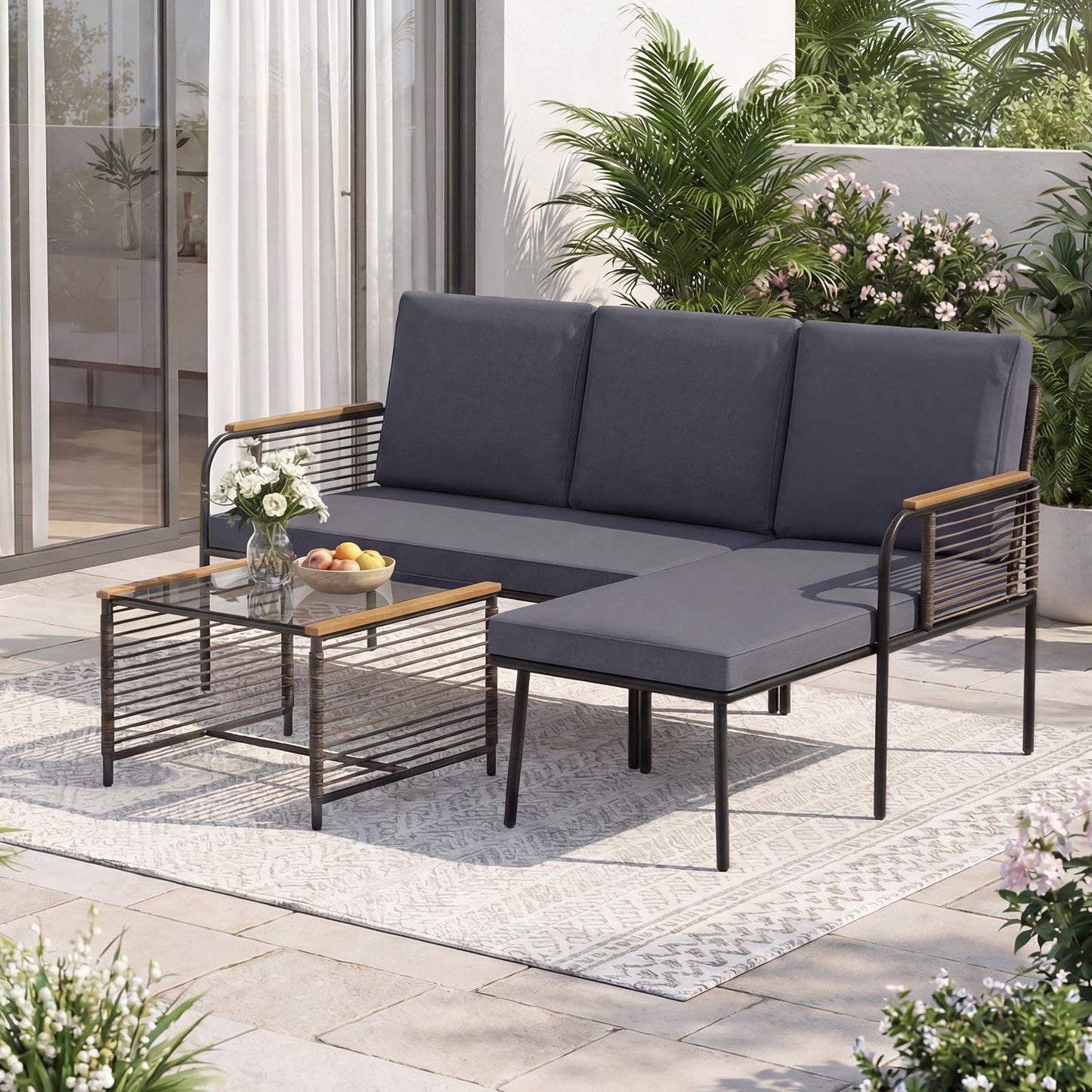 3 Pieces Wicker Furniture Set with Tempered Glass Side Table